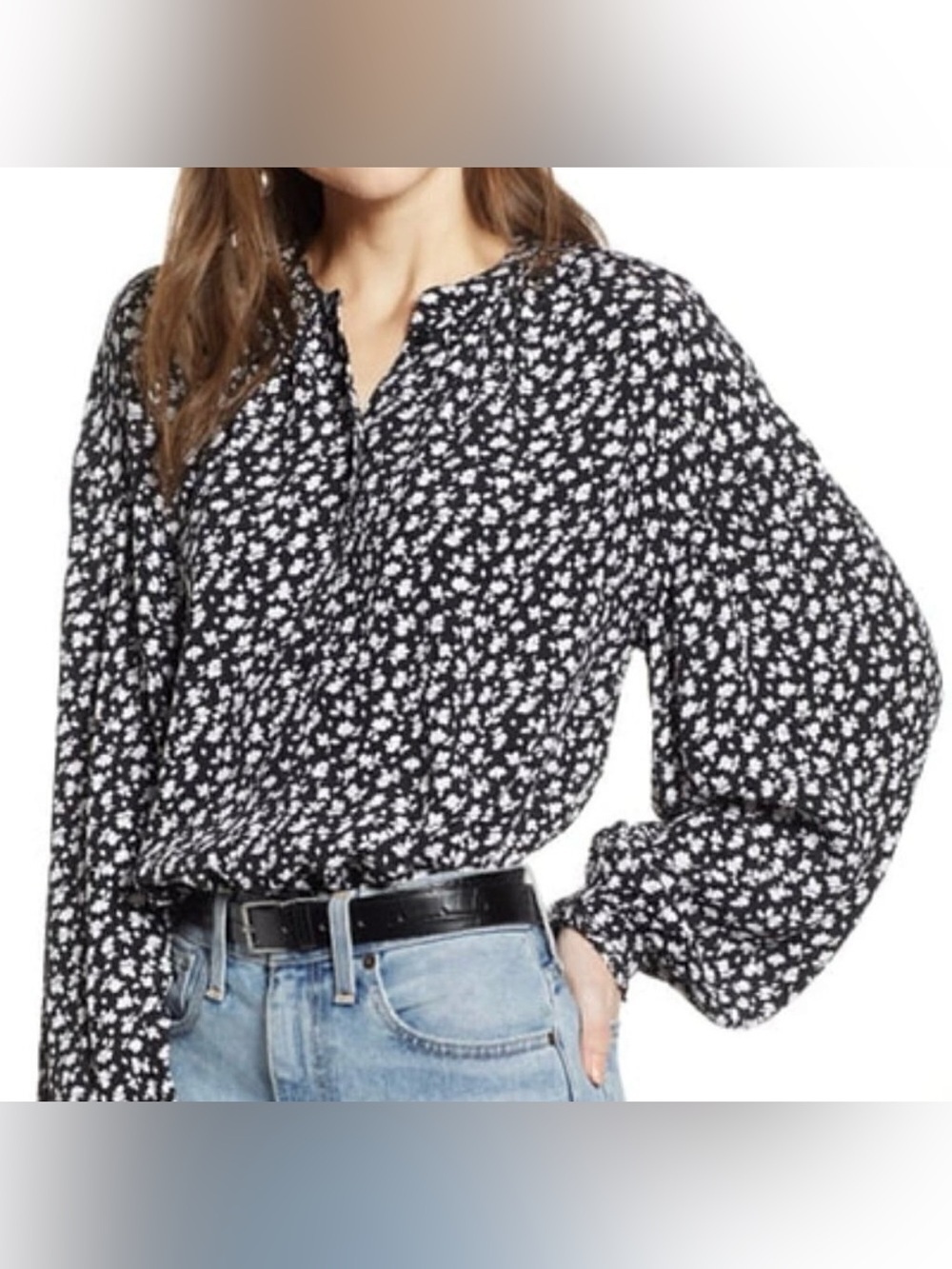 Something Navy black white floral boho blouse top shirt button front women M